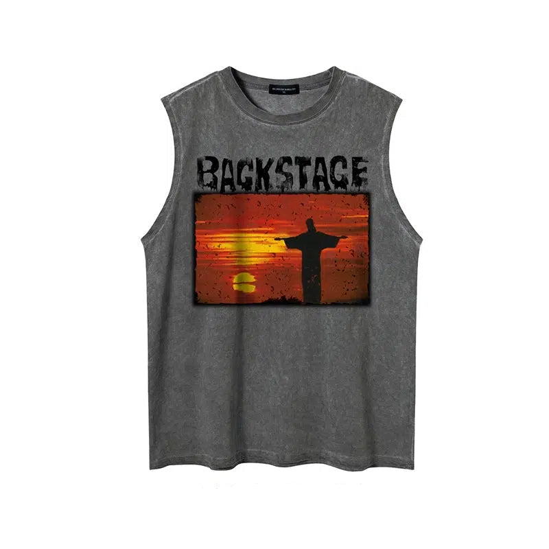 Graphic Sleeveless Vest with Backstage Design