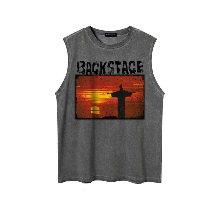 Graphic Sleeveless Vest with Backstage Design