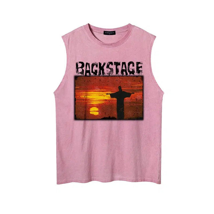 Graphic Sleeveless Vest with Backstage Design