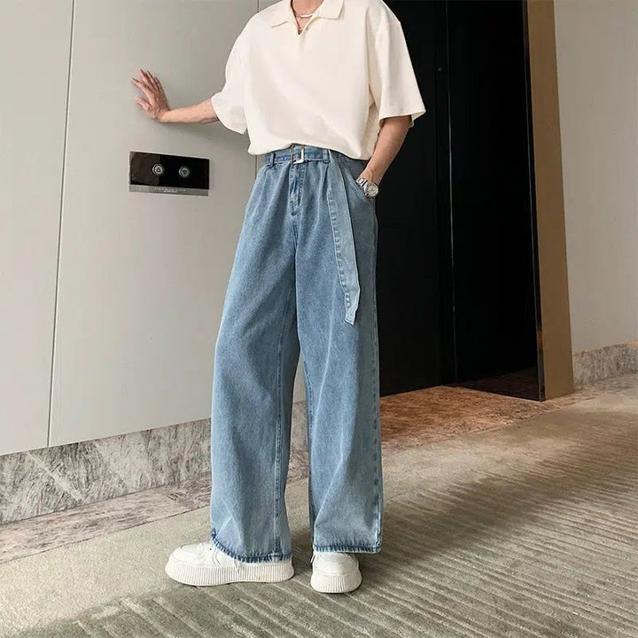 High Waisted Wide Leg Denim Jeans with Belt
