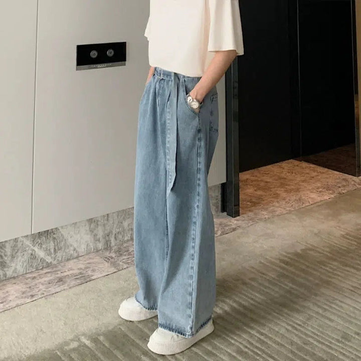 High Waisted Wide Leg Denim Jeans with Belt