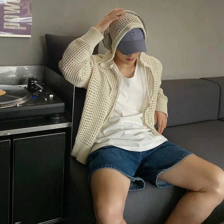 Hollow Hooded Knitted Cardigan