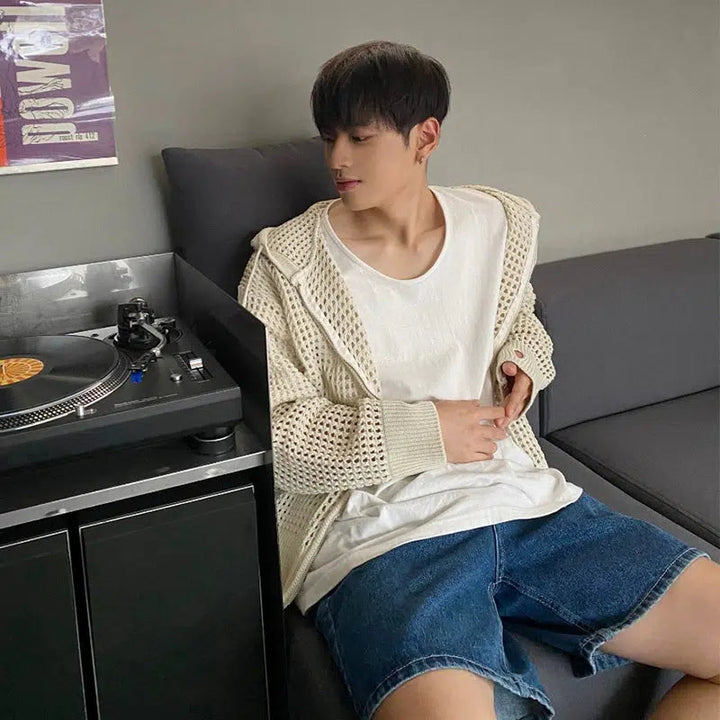 Hollow Hooded Knitted Cardigan