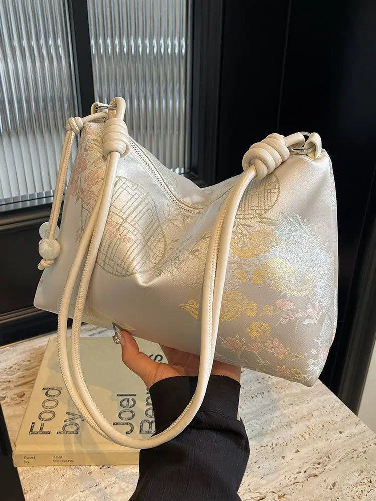 Knot Handle Embroidered Shoulder Bag