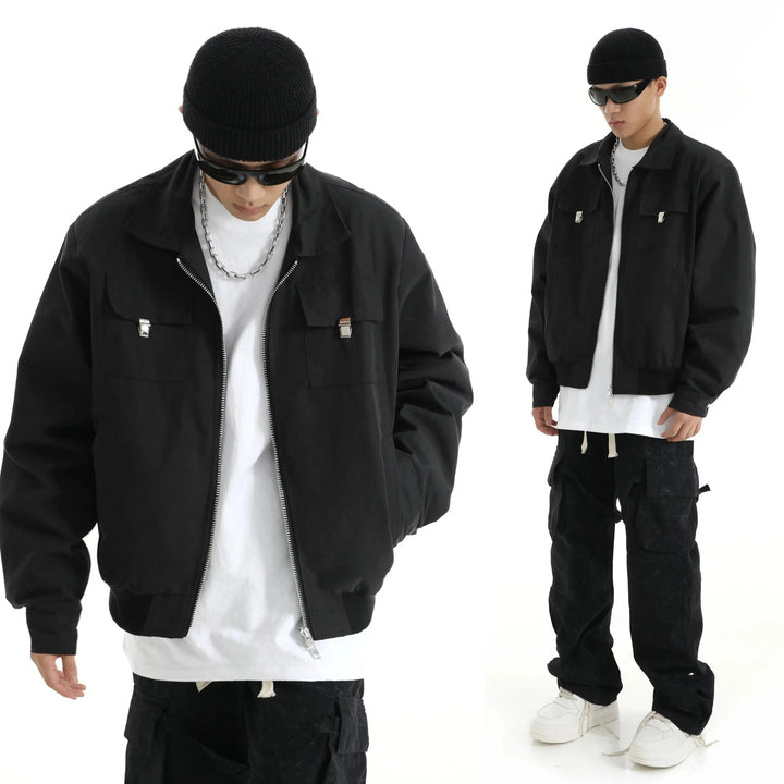 Lapel Versatile Zip-Up Utility Jacket