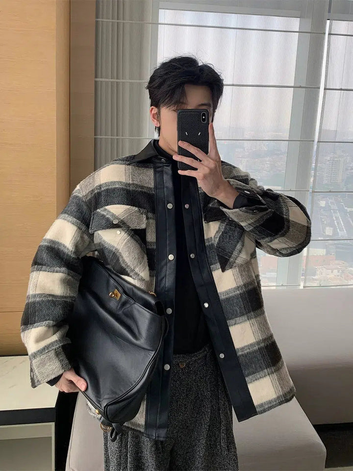 Leather Accents Plaid Jacket