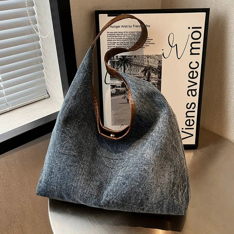 Leather Handles Casual Denim Tote Bag