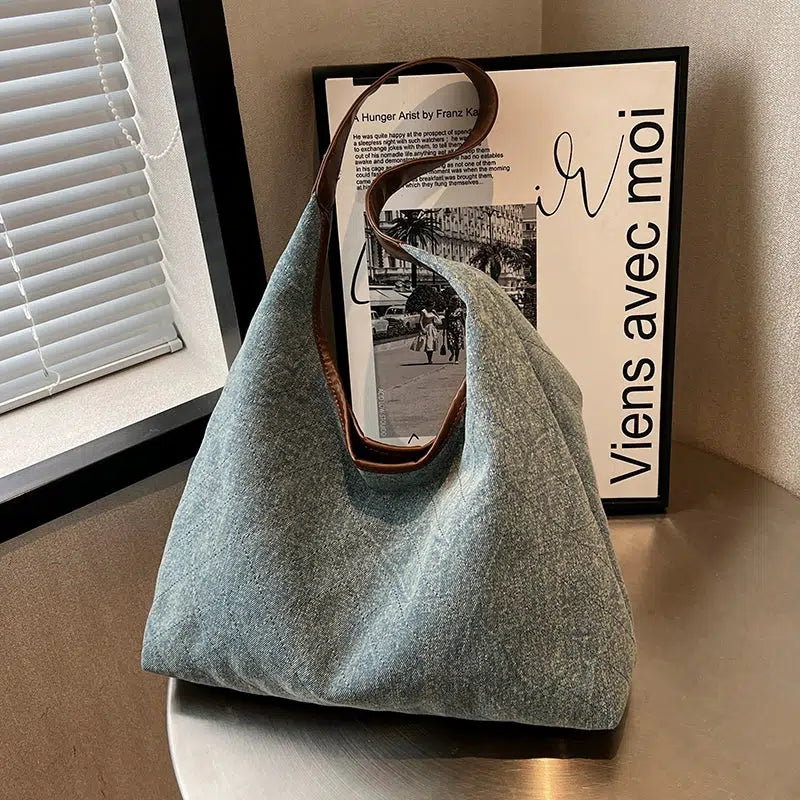 Leather Handles Casual Denim Tote Bag
