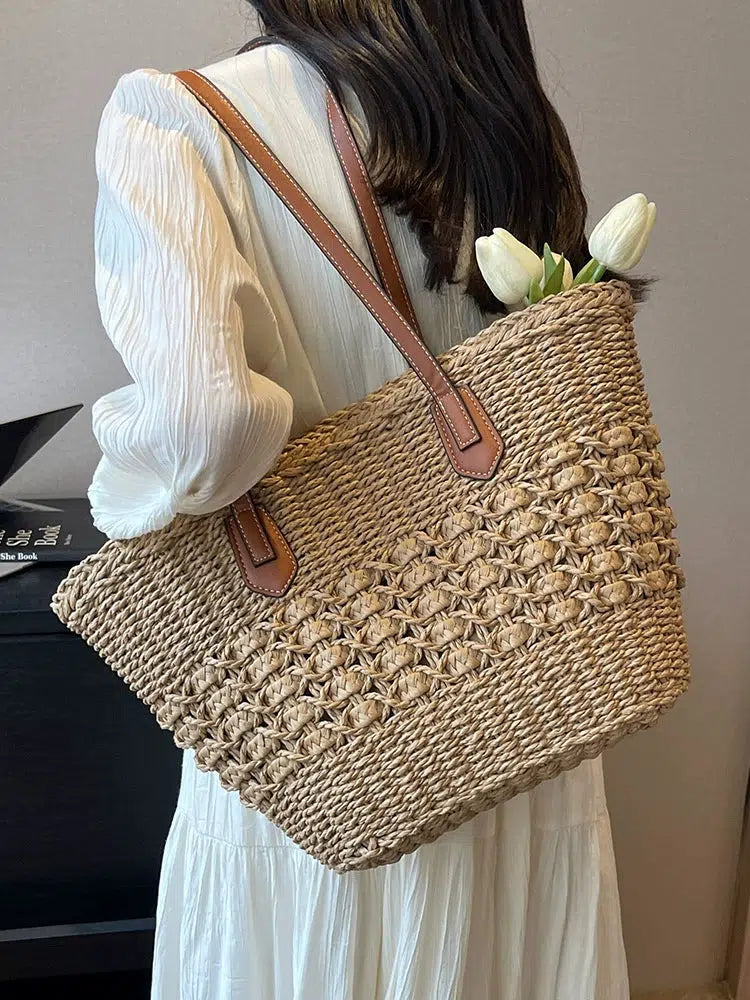 Leather Handles Woven Straw Tote Bag