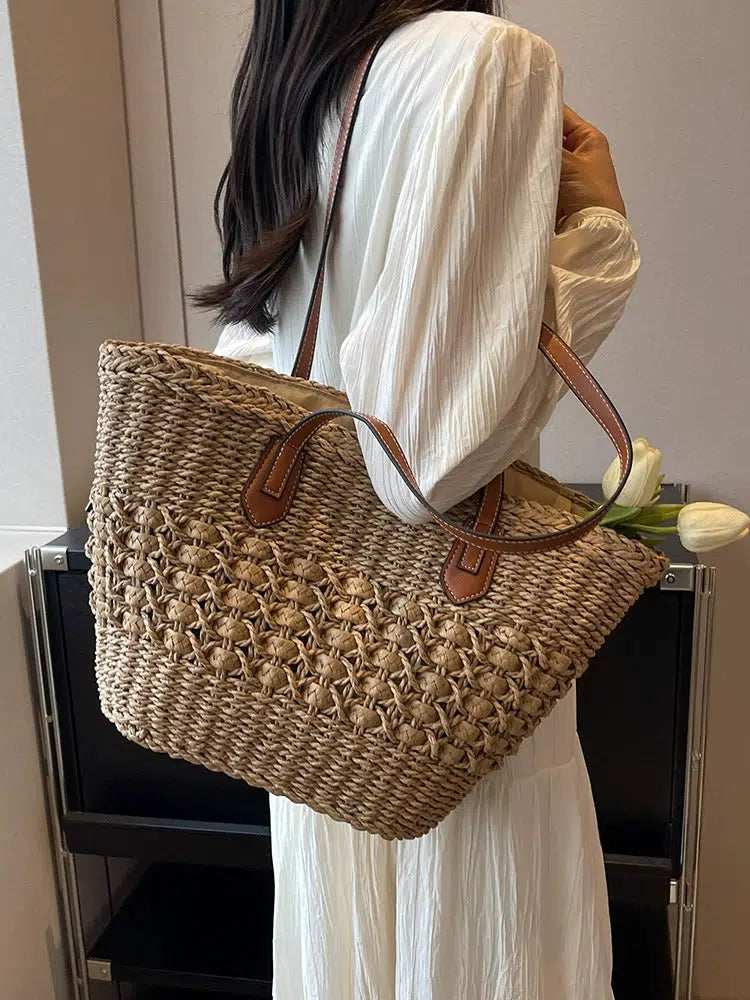 Leather Handles Woven Straw Tote Bag