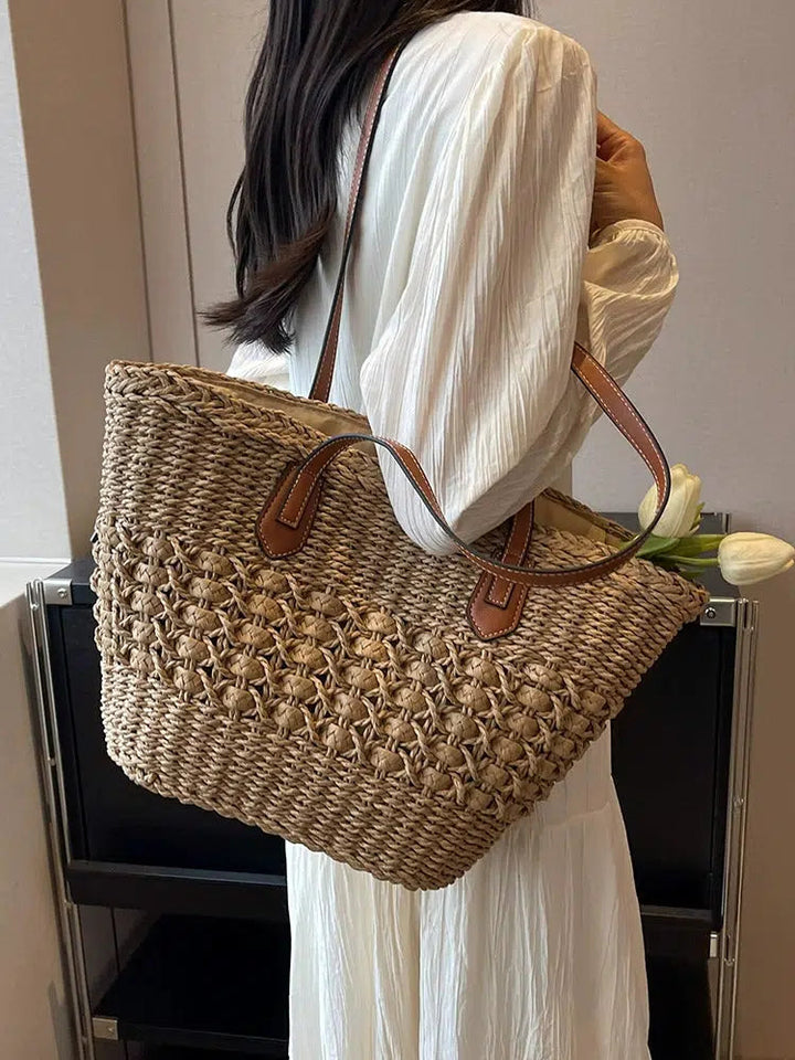 Leather Handles Woven Straw Tote Bag