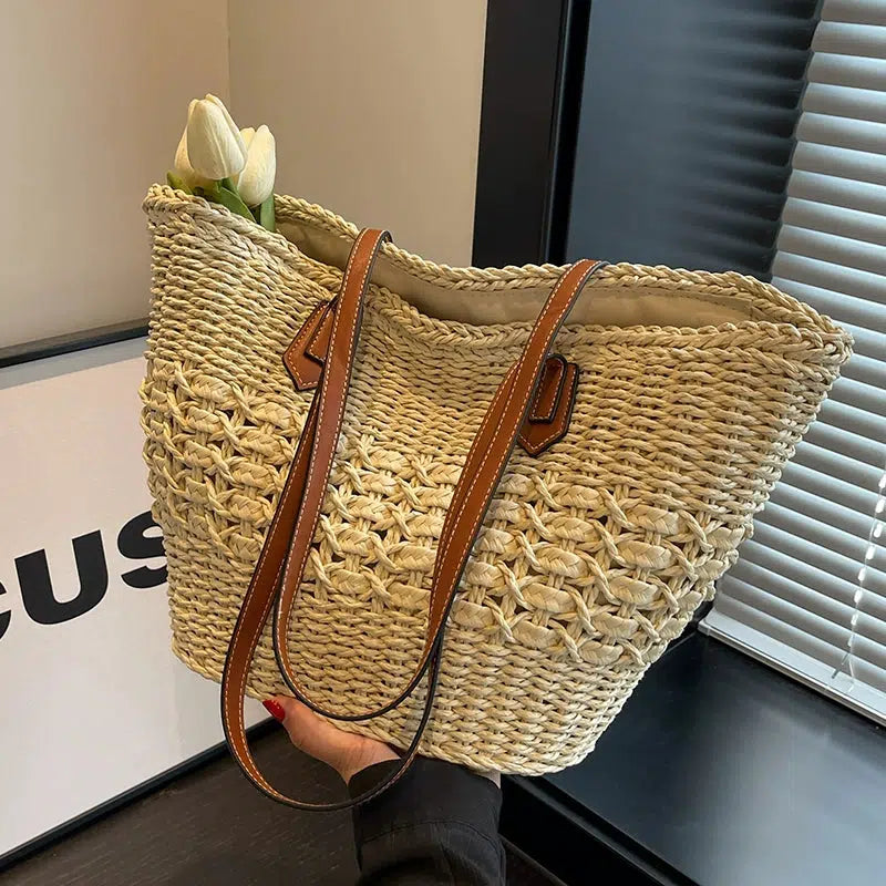 Leather Handles Woven Straw Tote Bag