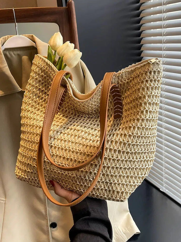 Leather Handles Woven Tote Bag