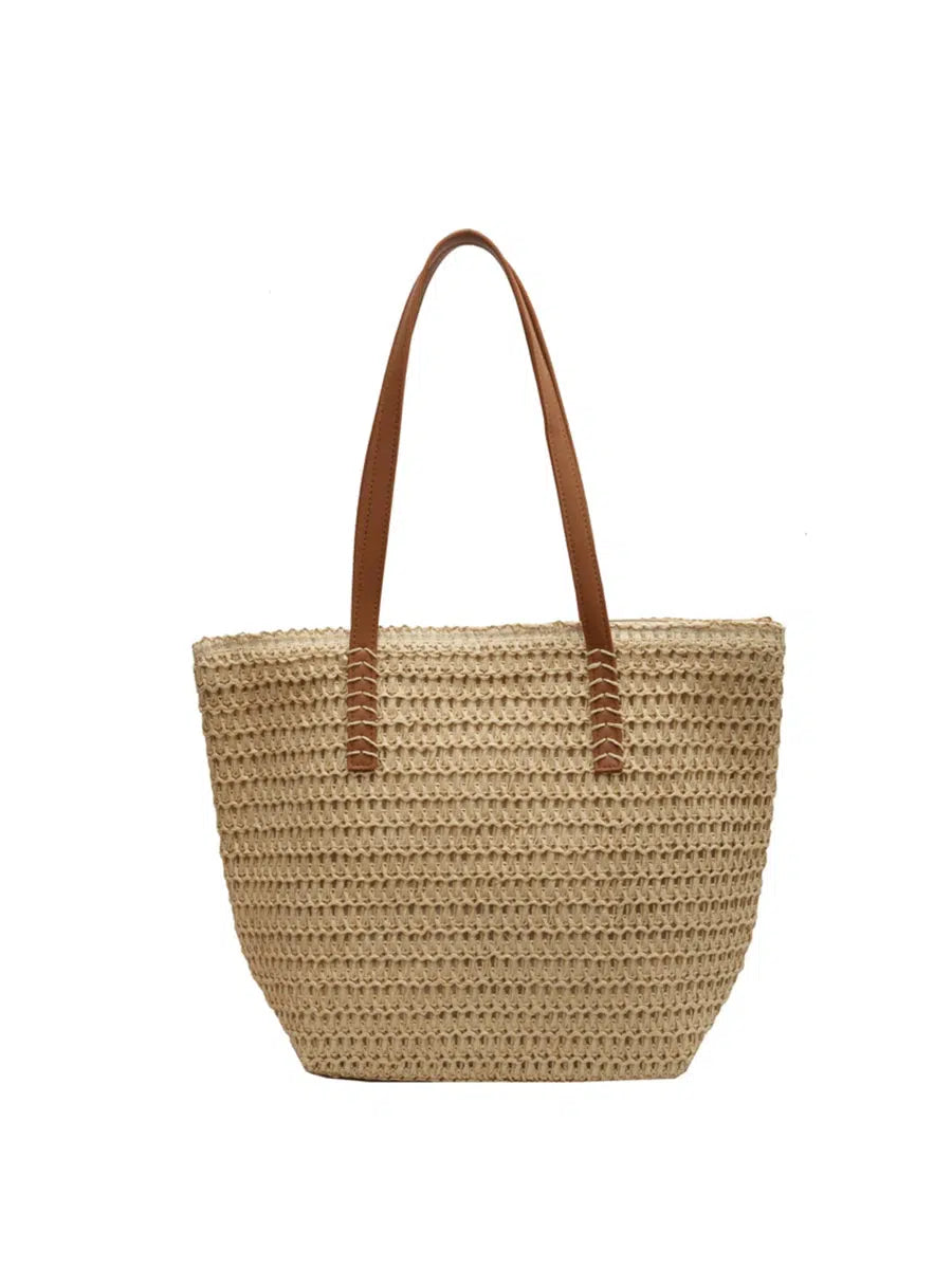Leather Handles Woven Tote Bag
