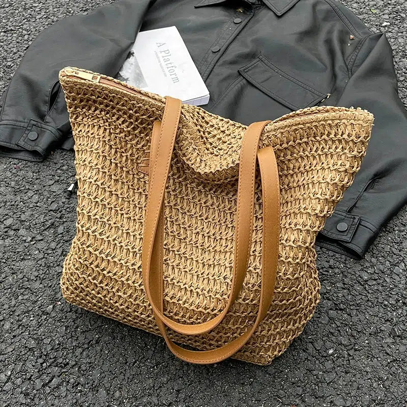 Leather Handles Woven Tote Bag