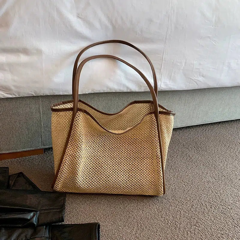 Leather Strap Woven Straw Tote Bag