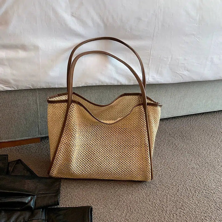 Leather Strap Woven Straw Tote Bag