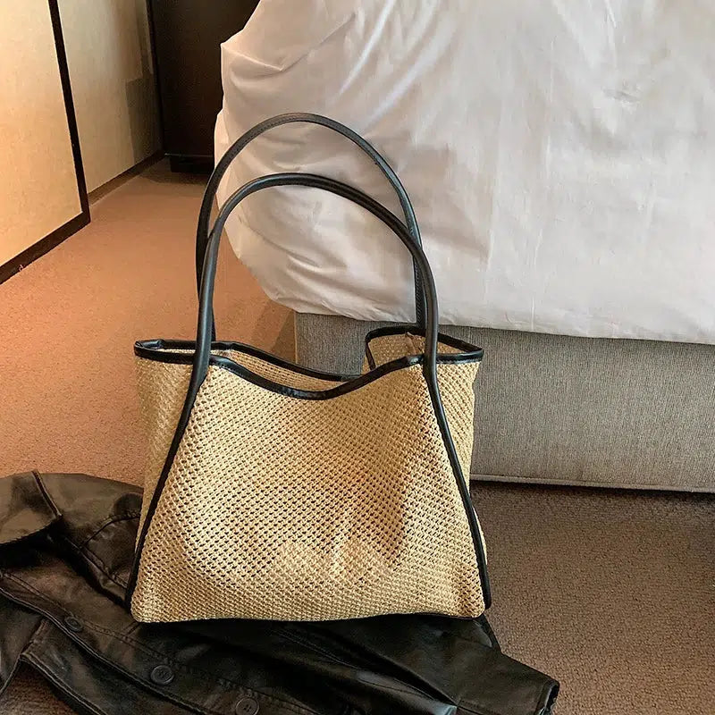 Leather Strap Woven Straw Tote Bag