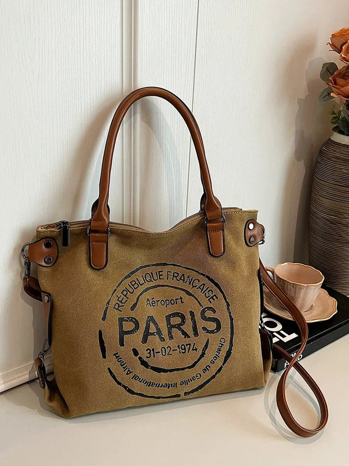 Leather Straps Canvas Tote Bag