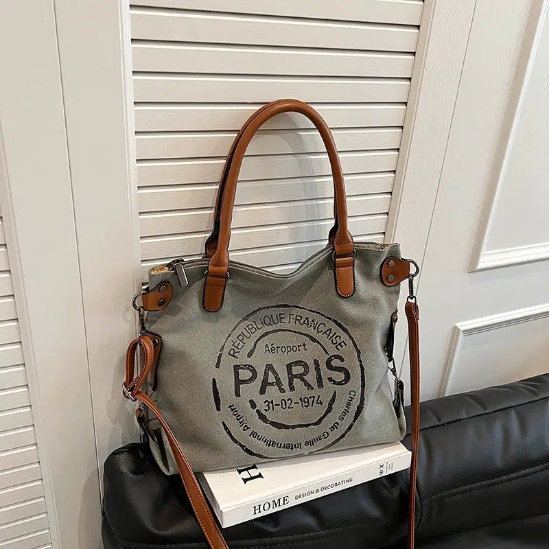 Leather Straps Canvas Tote Bag