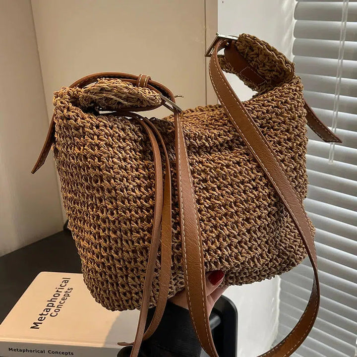 Leather Straps Handwoven Bucket Bag