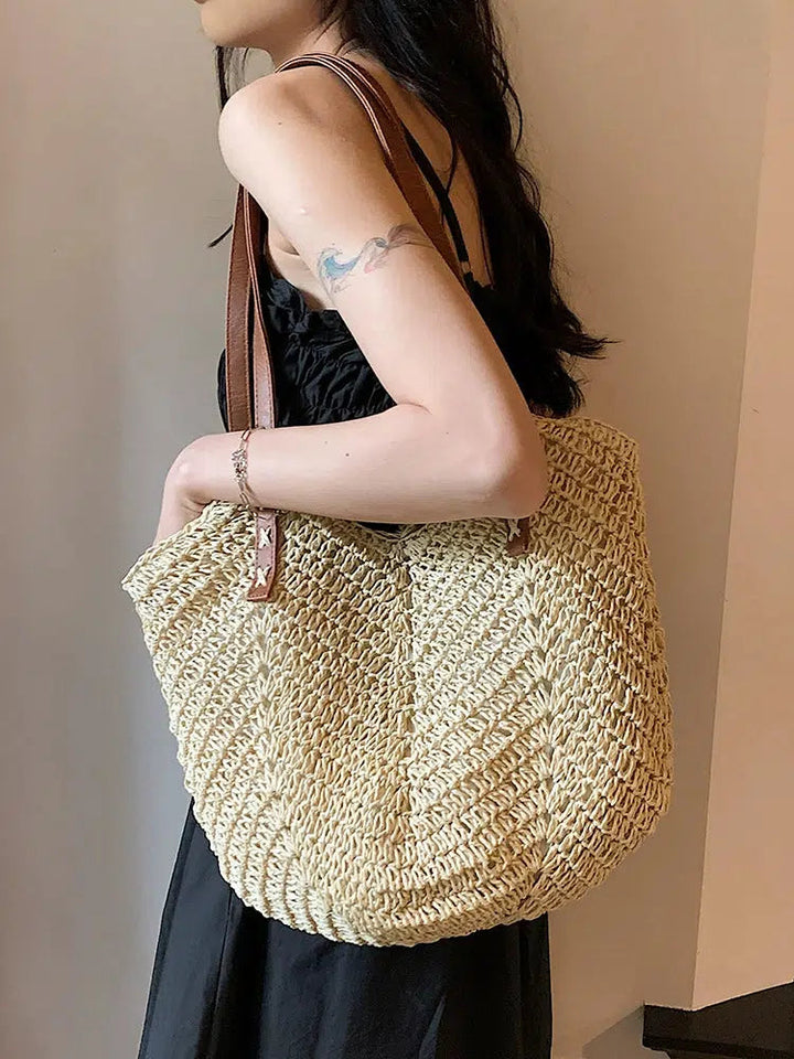 Leather Straps Woven Straw Tote Bag