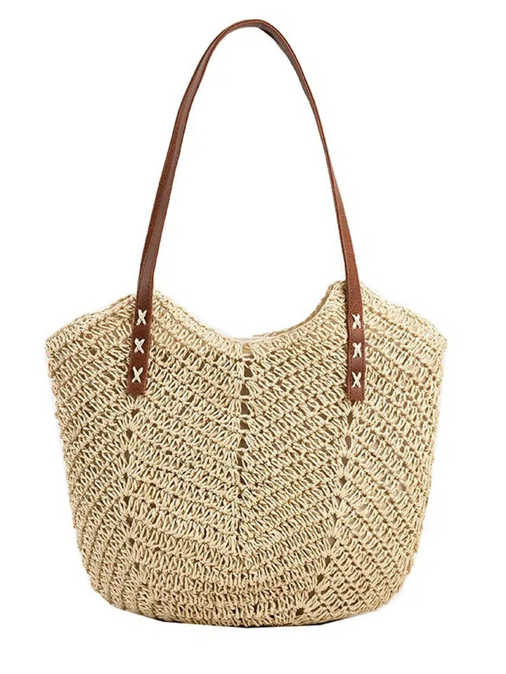 Leather Straps Woven Straw Tote Bag