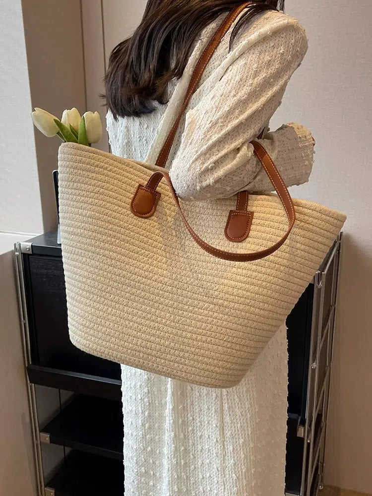 Leather Straps Woven Tote Bag