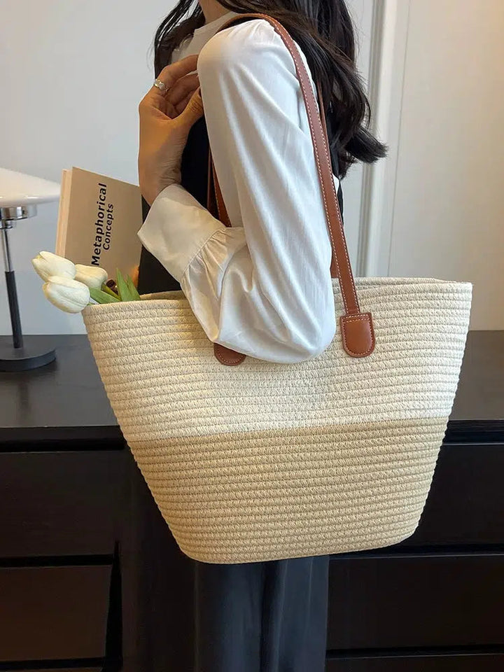 Leather Straps Woven Tote Bag
