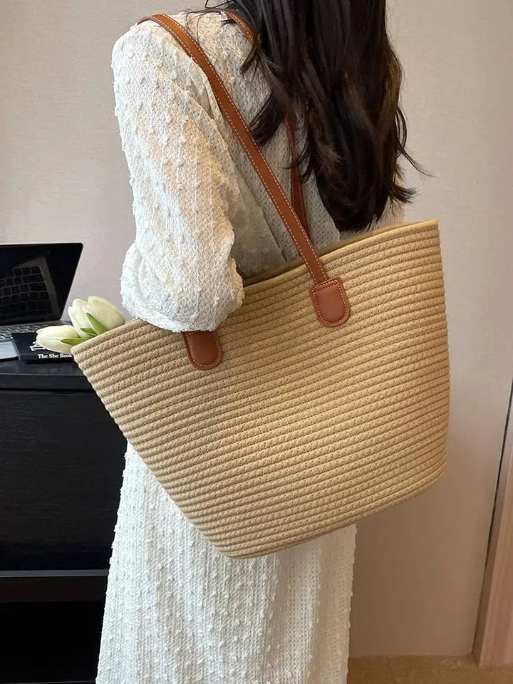 Leather Straps Woven Tote Bag