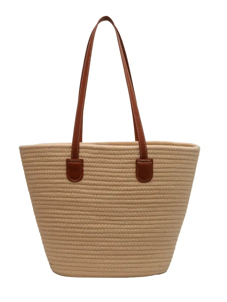 Leather Straps Woven Tote Bag