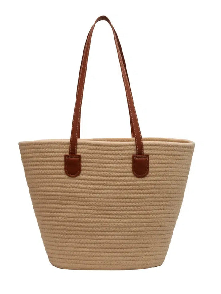 Leather Straps Woven Tote Bag