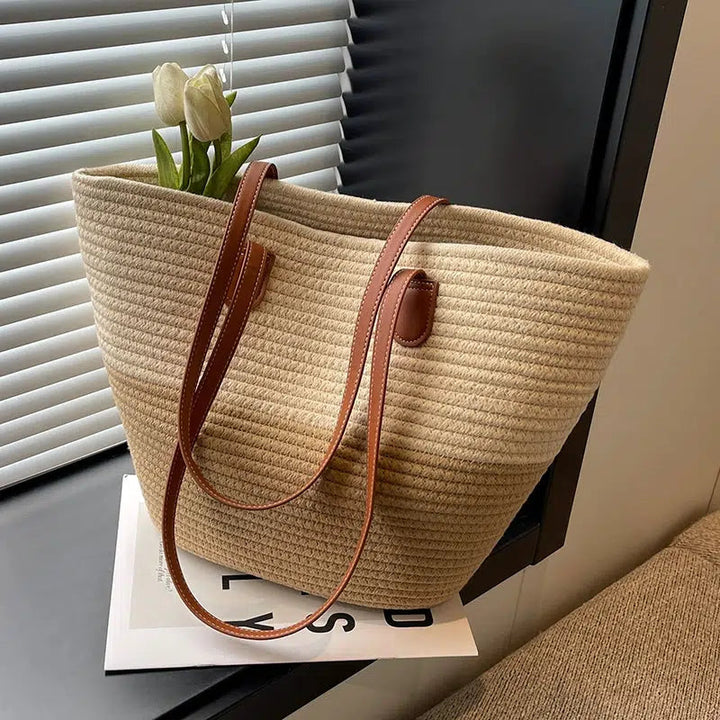 Leather Straps Woven Tote Bag