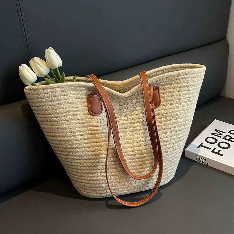 Leather Straps Woven Tote Bag