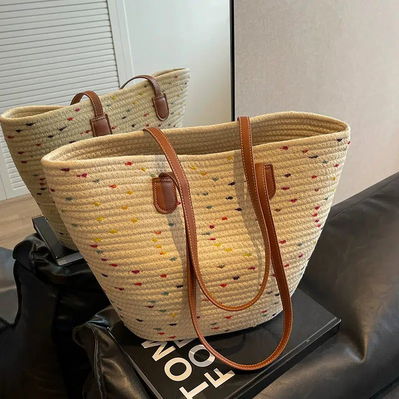 Leather Straps Woven Tote Bag