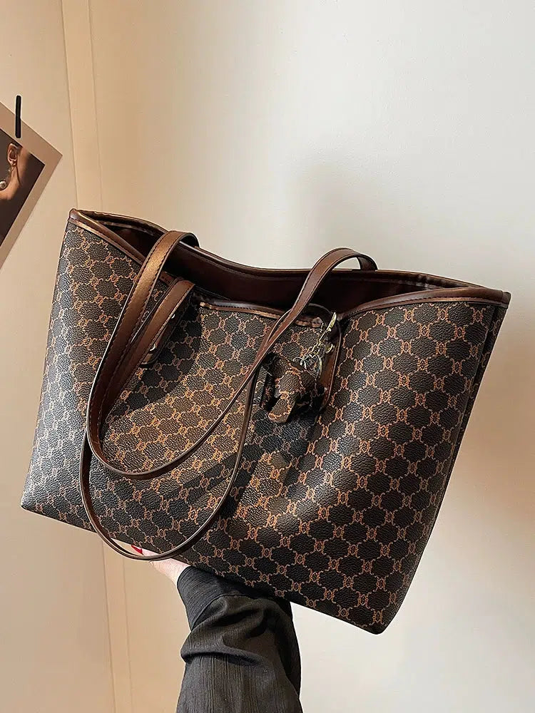 Leather Trim Patterned Canvas Tote Bag