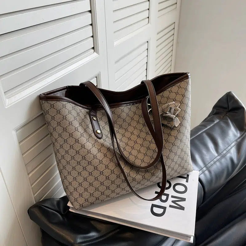 Leather Trim Patterned Canvas Tote Bag