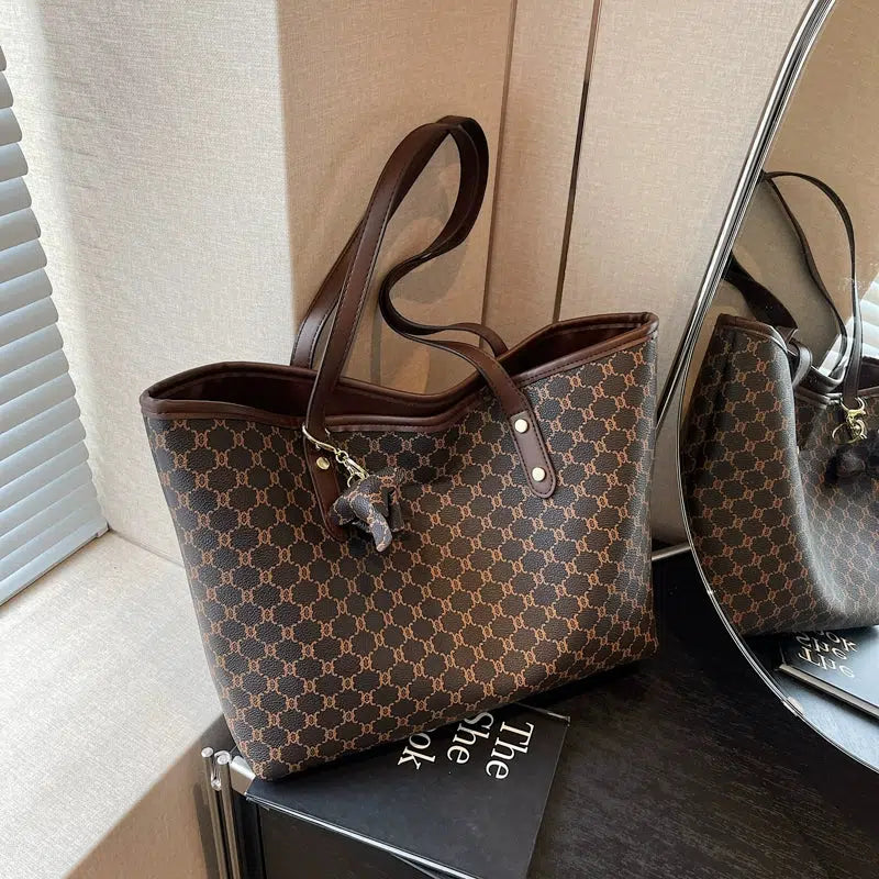 Leather Trim Patterned Canvas Tote Bag