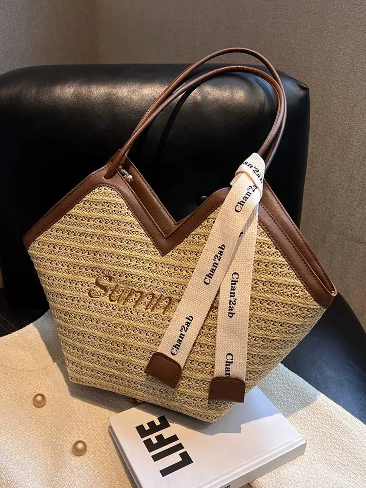 Letter Embroidery Woven Handbag