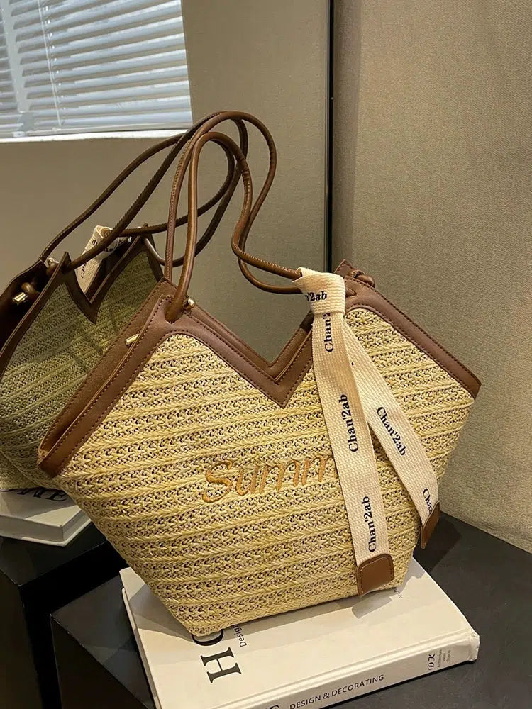Letter Embroidery Woven Handbag