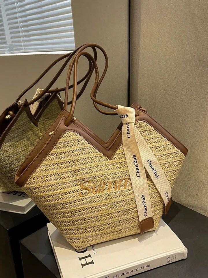 Letter Embroidery Woven Handbag