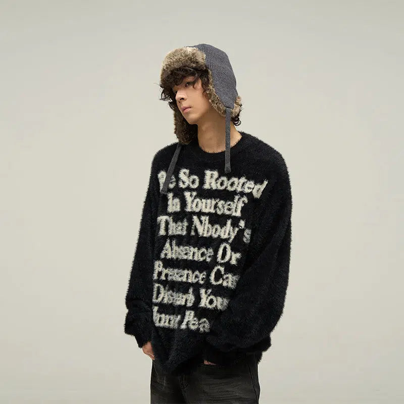 Letter Printed Round Neck Mink Fur Sweater
