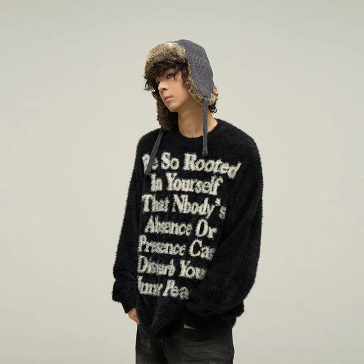 Letter Printed Round Neck Mink Fur Sweater