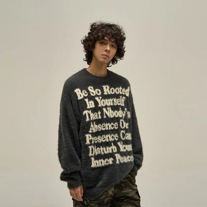 Letter Printed Round Neck Mink Fur Sweater