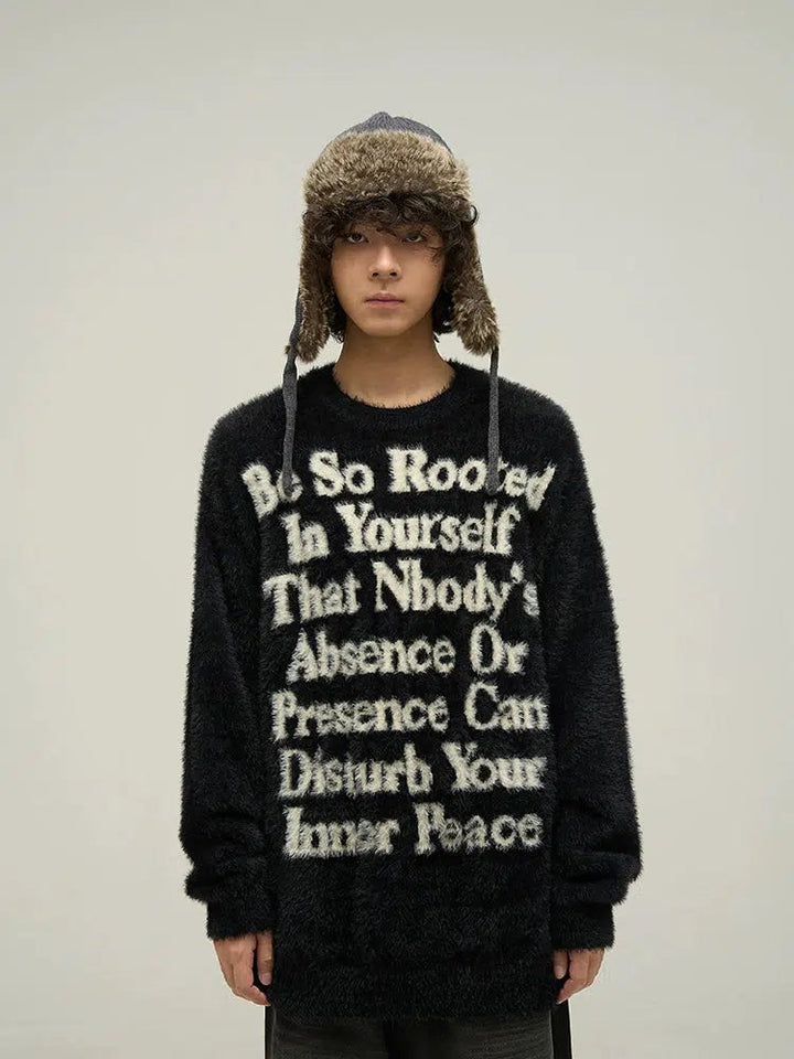 Letter Printed Round Neck Mink Fur Sweater