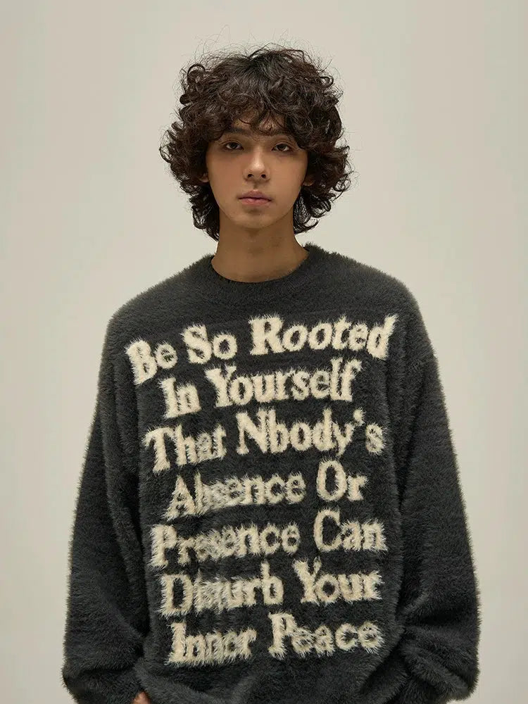 Letter Printed Round Neck Mink Fur Sweater