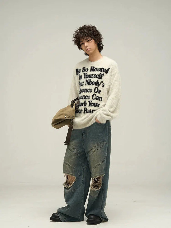 Letter Printed Round Neck Mink Fur Sweater