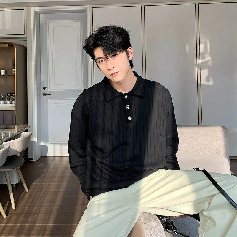 Long Sleeve Ribbed Knit Polo Shirt