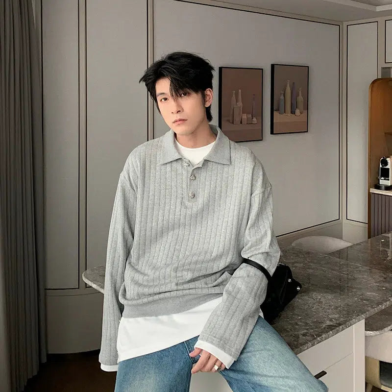 Long Sleeve Ribbed Knit Polo Shirt