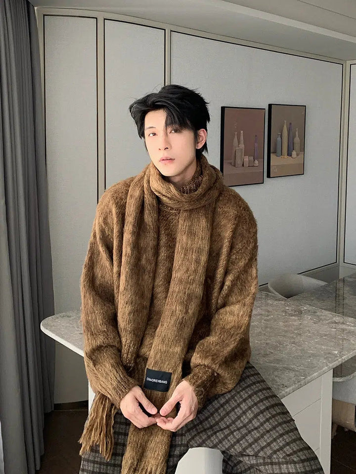 Loose Fit Crewneck Sweater with Scarf